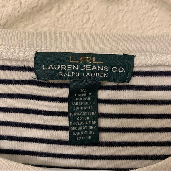 Lauren Ralph Lauren Black & White Stripe Long Sleeved Top Suede Patch’s size XL - Picture 6 of 6
